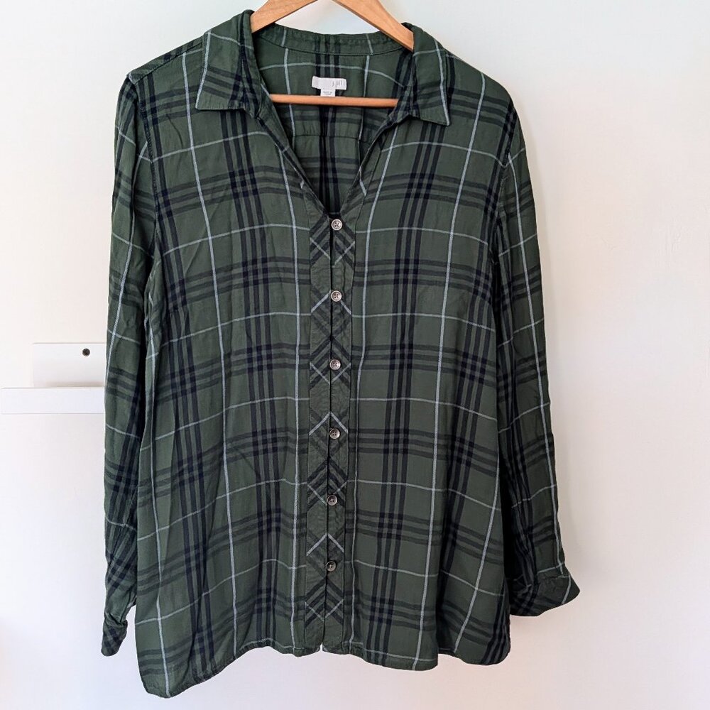 J. Jill Plaid Button Up Top Lightweight Rayon Flannel Green Black Womens XL